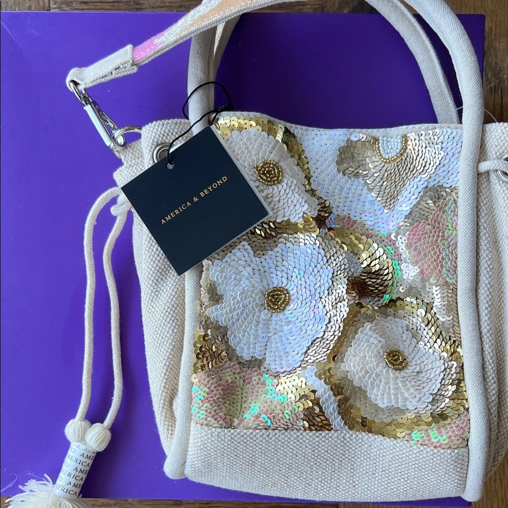 America & Beyond Beaded/Sequin Floral Bag Gold & Cream w/ beaded shoulder strap
